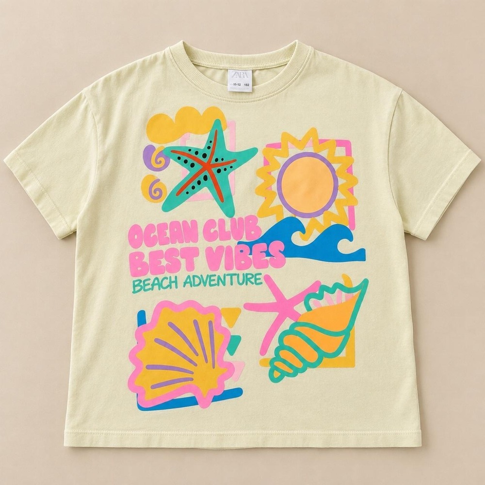 Zara Cream Yellow Beach Graphic Tee • 11–12 Years